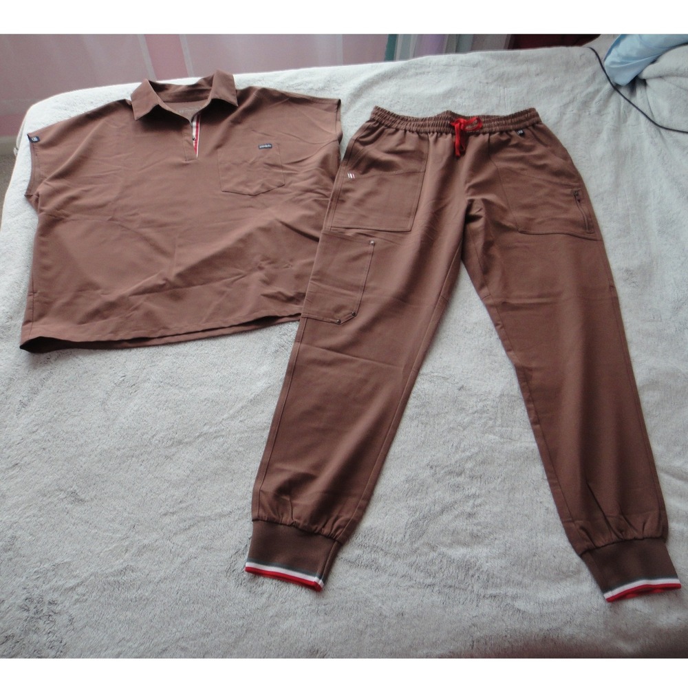 Mediclo Women's FYSEL Scrub Set XL Brown "Pinecone" Collared Top & Jogger Pants